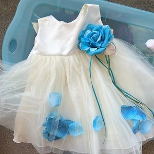 Baby Girl White Dress with Blue rose and rose pedals size 9-12 months